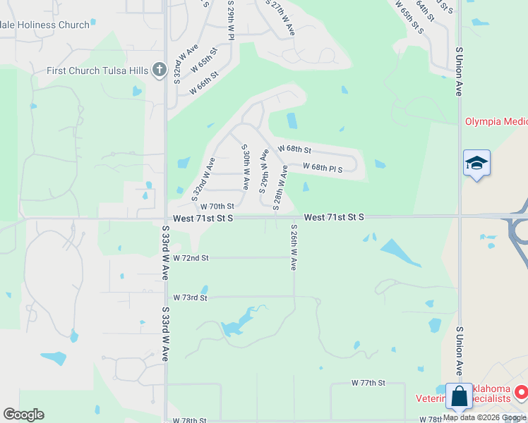 map of restaurants, bars, coffee shops, grocery stores, and more near 6942 South 29th West Avenue in Tulsa