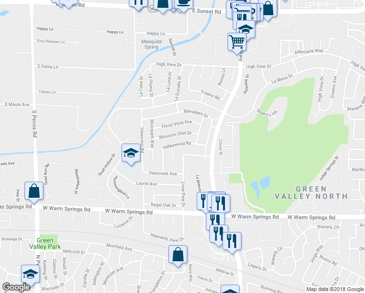 map of restaurants, bars, coffee shops, grocery stores, and more near 3121 Valleywood Road in Henderson
