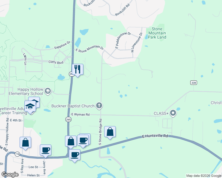 map of restaurants, bars, coffee shops, grocery stores, and more near 78 South Stone Bridge Road in Fayetteville