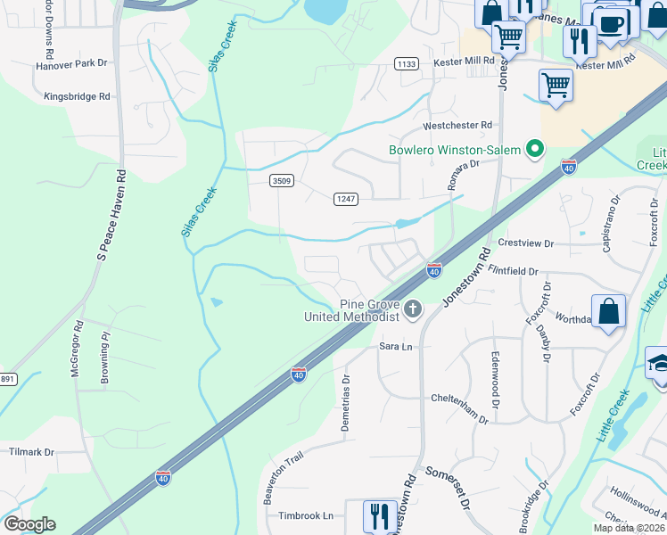 map of restaurants, bars, coffee shops, grocery stores, and more near 5541 Farm House Trail in Winston-Salem