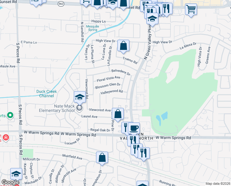 map of restaurants, bars, coffee shops, grocery stores, and more near 3121 Valleywood Road in Henderson