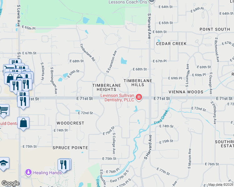map of restaurants, bars, coffee shops, grocery stores, and more near 2978 East 69th Street in Tulsa