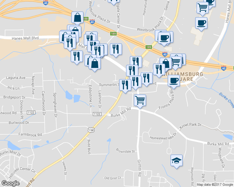 map of restaurants, bars, coffee shops, grocery stores, and more near 2060 South Stratford Road in Winston-Salem