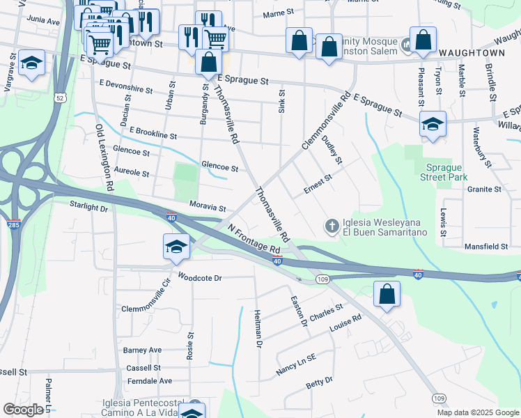 map of restaurants, bars, coffee shops, grocery stores, and more near 2822 Thomasville Road in Winston-Salem