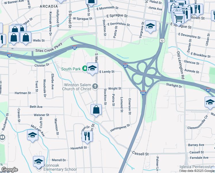 map of restaurants, bars, coffee shops, grocery stores, and more near 2748 Patria Street in Winston-Salem