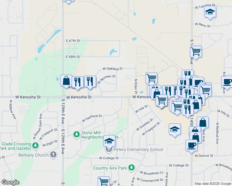 map of restaurants, bars, coffee shops, grocery stores, and more near 2901 West Lansing Street in Broken Arrow