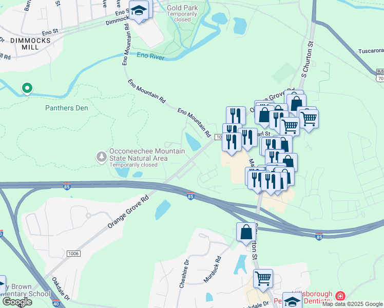 map of restaurants, bars, coffee shops, grocery stores, and more near 1901 Thomas Burke Drive in Hillsborough