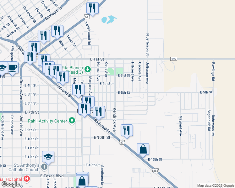 map of restaurants, bars, coffee shops, grocery stores, and more near 1313 East 5th Street in Dalhart