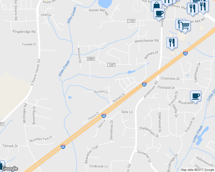 map of restaurants, bars, coffee shops, grocery stores, and more near 5585 Farm House Trail in Winston-Salem