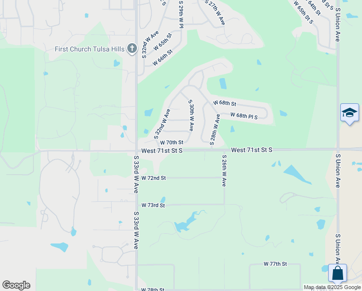 map of restaurants, bars, coffee shops, grocery stores, and more near 3012 West 70th Street in Tulsa