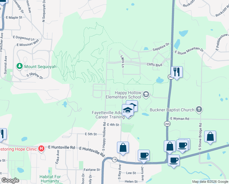 map of restaurants, bars, coffee shops, grocery stores, and more near 114 South Ray Avenue in Fayetteville
