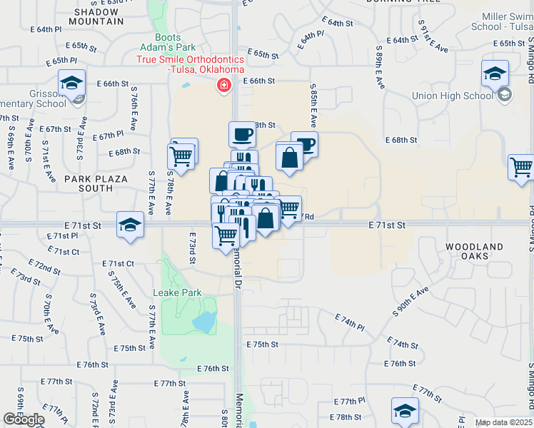 map of restaurants, bars, coffee shops, grocery stores, and more near 8235 East 71st Street in Tulsa