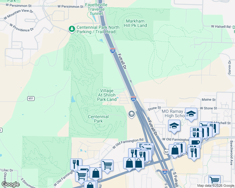 map of restaurants, bars, coffee shops, grocery stores, and more near 2815 West Hillshire Drive in Fayetteville