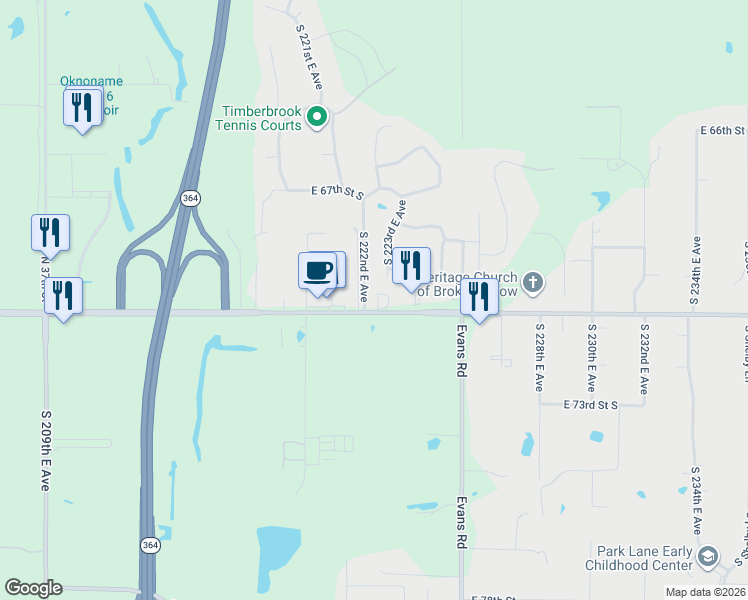 map of restaurants, bars, coffee shops, grocery stores, and more near 22201 East 71st Street South in Broken Arrow