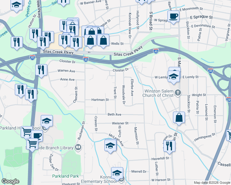 map of restaurants, bars, coffee shops, grocery stores, and more near 2712 Woodvale Drive in Winston-Salem