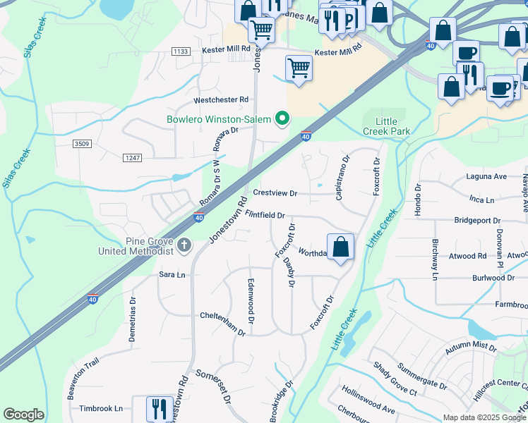 map of restaurants, bars, coffee shops, grocery stores, and more near 107 Flintfield Drive in Winston-Salem