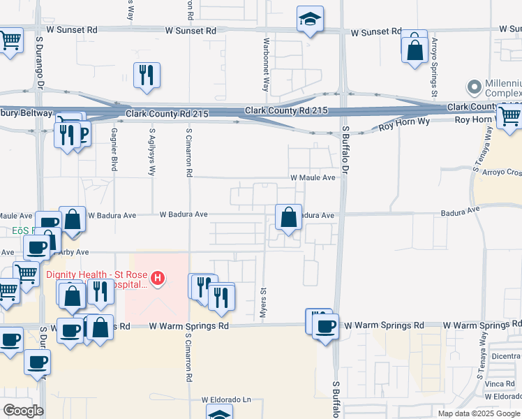 map of restaurants, bars, coffee shops, grocery stores, and more near 8000 West Badura Avenue in Las Vegas