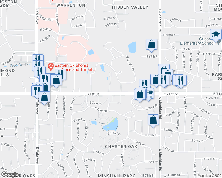 map of restaurants, bars, coffee shops, grocery stores, and more near 7025 South Joplin Avenue in Tulsa