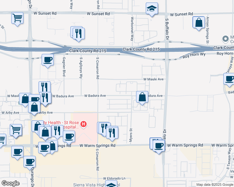 map of restaurants, bars, coffee shops, grocery stores, and more near 8000 West Badura Avenue in Las Vegas