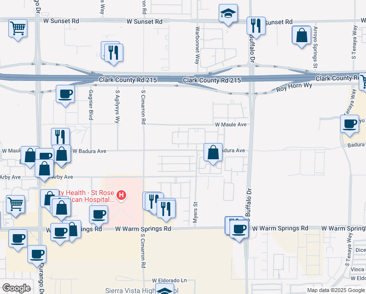 map of restaurants, bars, coffee shops, grocery stores, and more near 8000 West Badura Avenue in Las Vegas