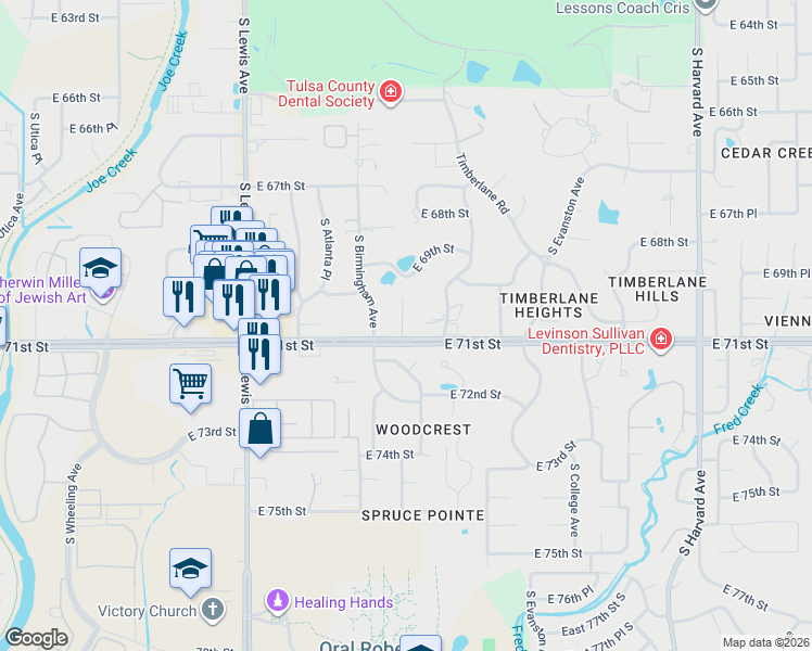 map of restaurants, bars, coffee shops, grocery stores, and more near in Tulsa