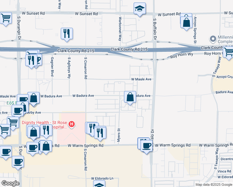 map of restaurants, bars, coffee shops, grocery stores, and more near 8000 West Badura Avenue in Las Vegas