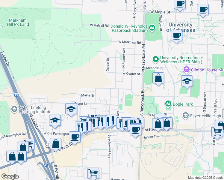 map of restaurants, bars, coffee shops, grocery stores, and more near 1721 Nettleship Street in Fayetteville
