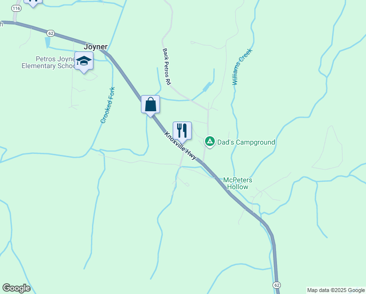 map of restaurants, bars, coffee shops, grocery stores, and more near 4566 Knoxville Highway in Oliver Springs