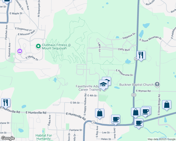 map of restaurants, bars, coffee shops, grocery stores, and more near 107 South Pinyon Point in Fayetteville