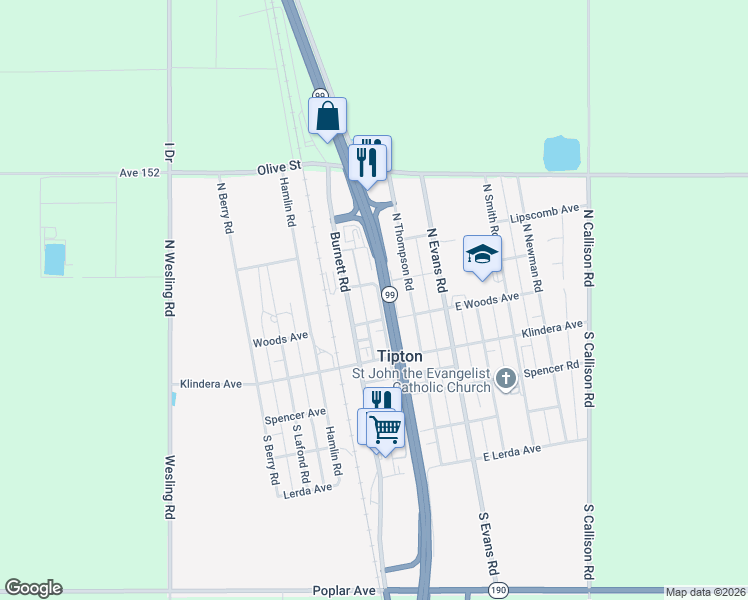 map of restaurants, bars, coffee shops, grocery stores, and more near 283 North Graham Road in Tipton