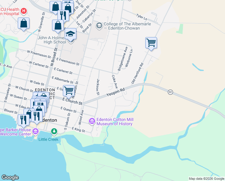 map of restaurants, bars, coffee shops, grocery stores, and more near 515 East Church Street in Edenton