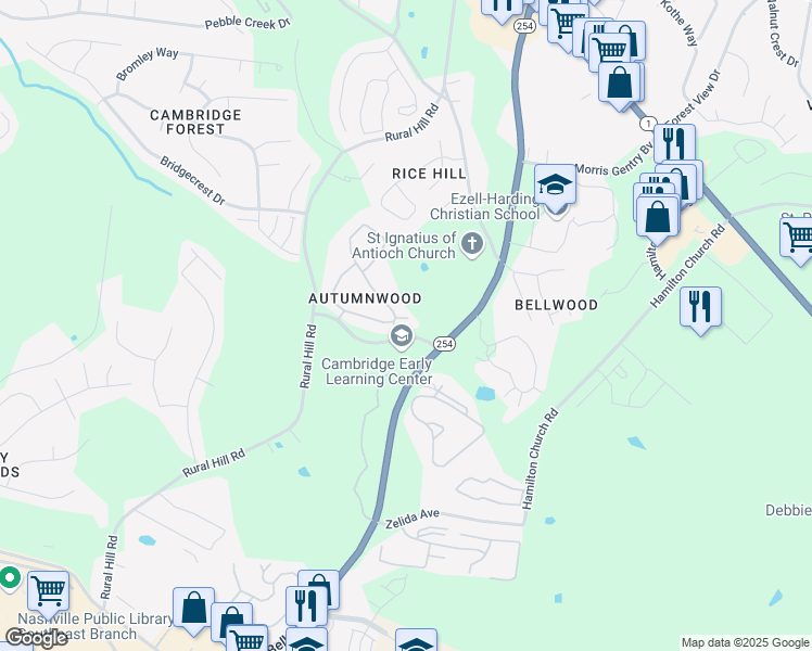 map of restaurants, bars, coffee shops, grocery stores, and more near 2316 Hickory Highlands Drive in Nashville
