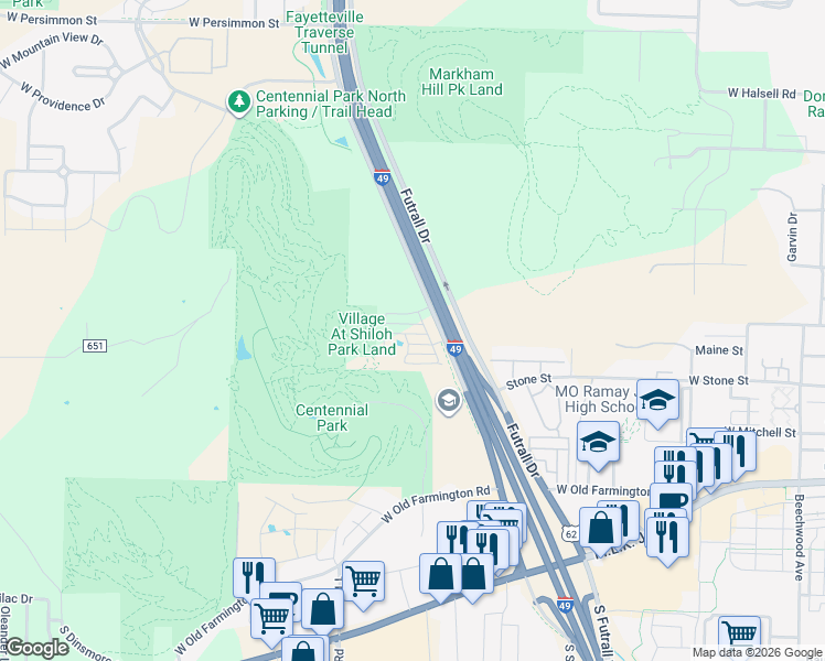 map of restaurants, bars, coffee shops, grocery stores, and more near 2815 West Hillshire Drive in Fayetteville