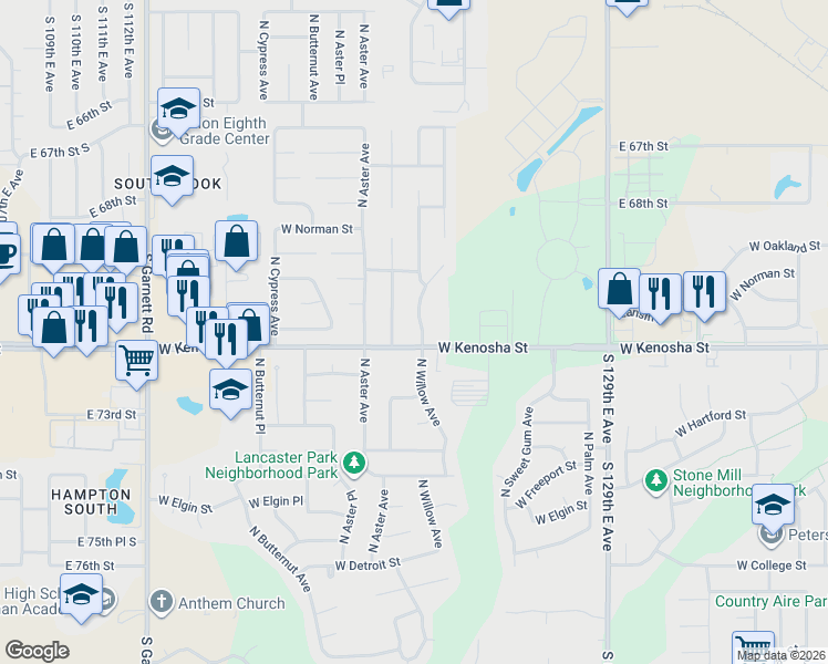 map of restaurants, bars, coffee shops, grocery stores, and more near 1009 North Yellowood Avenue in Broken Arrow