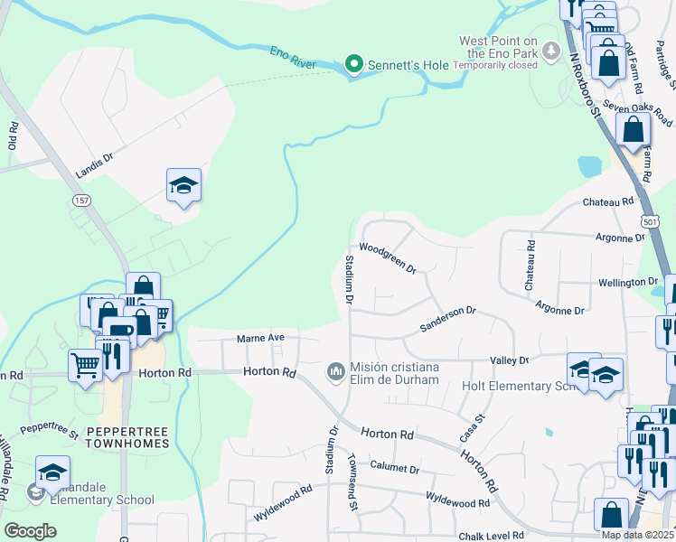 map of restaurants, bars, coffee shops, grocery stores, and more near 3 Colindale Court in Durham