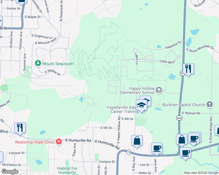 map of restaurants, bars, coffee shops, grocery stores, and more near 1697 East Acacia Crossing in Fayetteville
