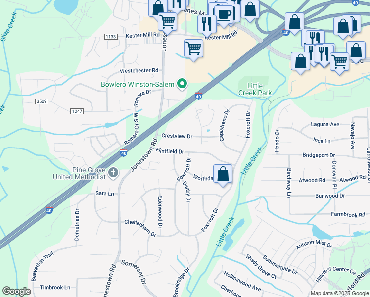 map of restaurants, bars, coffee shops, grocery stores, and more near 117 Flintfield Drive in Winston-Salem