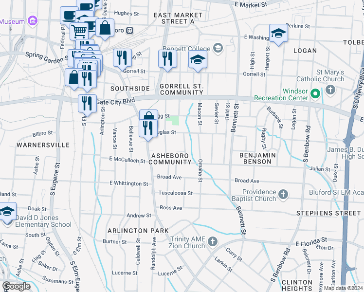 map of restaurants, bars, coffee shops, grocery stores, and more near 914 Martin Street in Greensboro