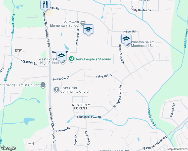 map of restaurants, bars, coffee shops, grocery stores, and more near 6701 Valley Oak Drive in Clemmons