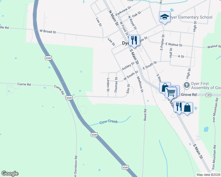 map of restaurants, bars, coffee shops, grocery stores, and more near 231 Linden St in Dyer