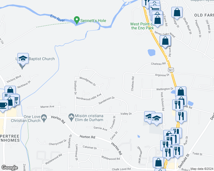 map of restaurants, bars, coffee shops, grocery stores, and more near 110 Parsons Green Court in Durham