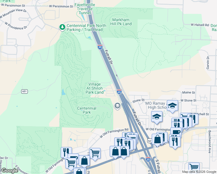 map of restaurants, bars, coffee shops, grocery stores, and more near 2815 West Hillshire Drive in Fayetteville