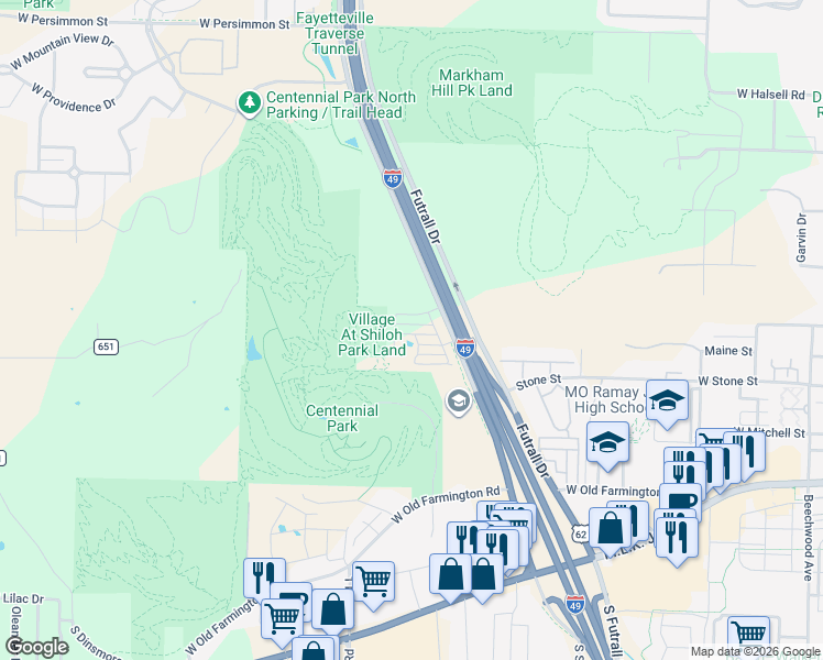 map of restaurants, bars, coffee shops, grocery stores, and more near 2820 West Lakewood Drive in Fayetteville
