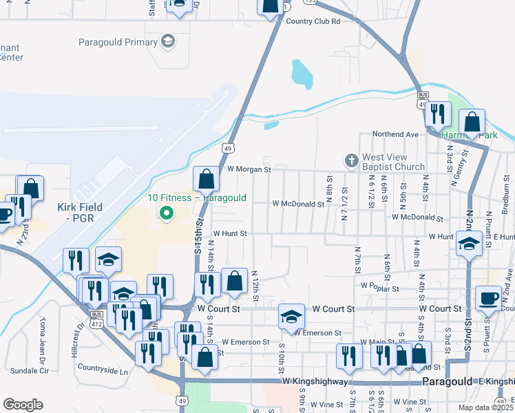 map of restaurants, bars, coffee shops, grocery stores, and more near 513 North 12th Street in Paragould
