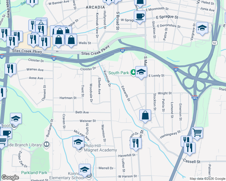 map of restaurants, bars, coffee shops, grocery stores, and more near 2721 Konnoak Drive in Winston-Salem