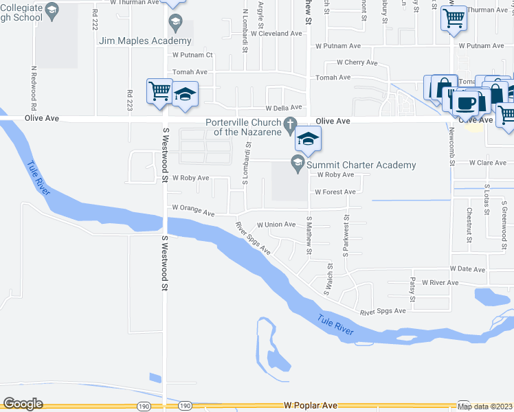 map of restaurants, bars, coffee shops, grocery stores, and more near 301 South Argyle Place in Porterville