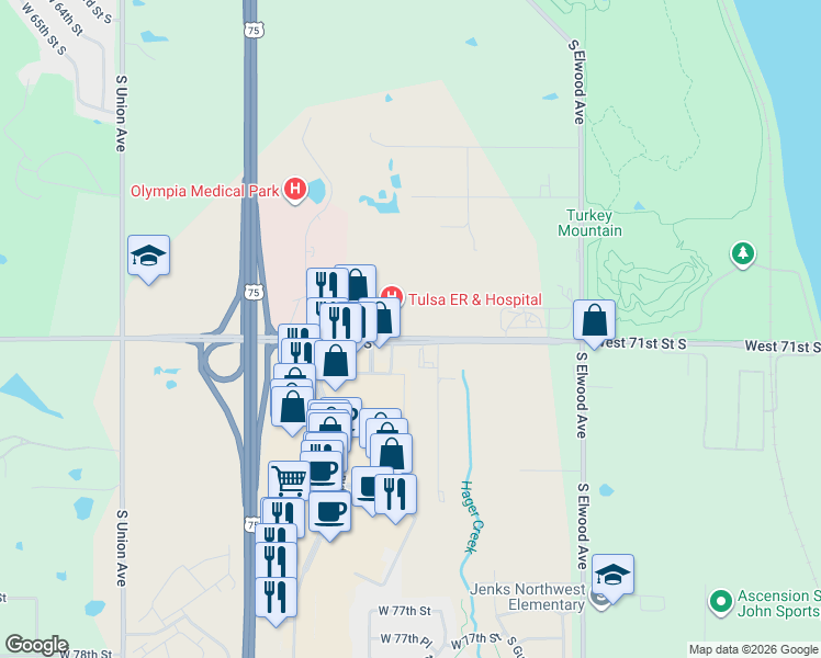map of restaurants, bars, coffee shops, grocery stores, and more near 701 West 71st Street South in Tulsa