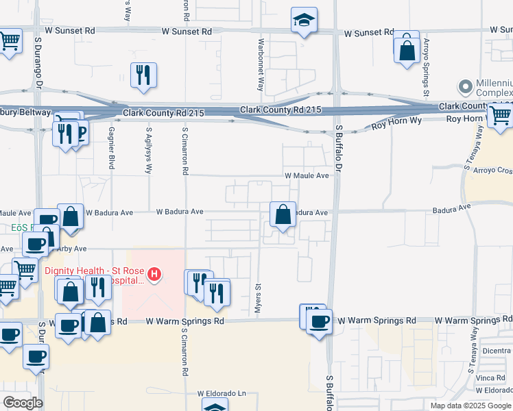 map of restaurants, bars, coffee shops, grocery stores, and more near 8000 West Badura Avenue in Las Vegas