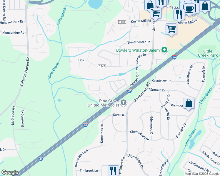 map of restaurants, bars, coffee shops, grocery stores, and more near 1146 Augustine Heights Drive in Winston-Salem