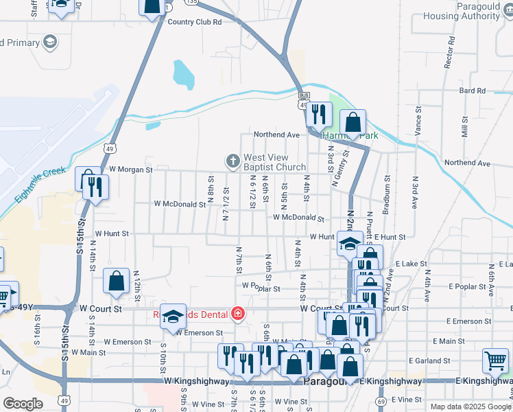 map of restaurants, bars, coffee shops, grocery stores, and more near 604 North 6 1/2 Street in Paragould